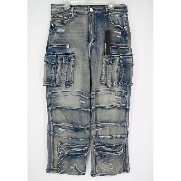 Rockstar Original Men's Tarella Tinted Dark Wash Wide Leg Cargo Jeans Size XXL